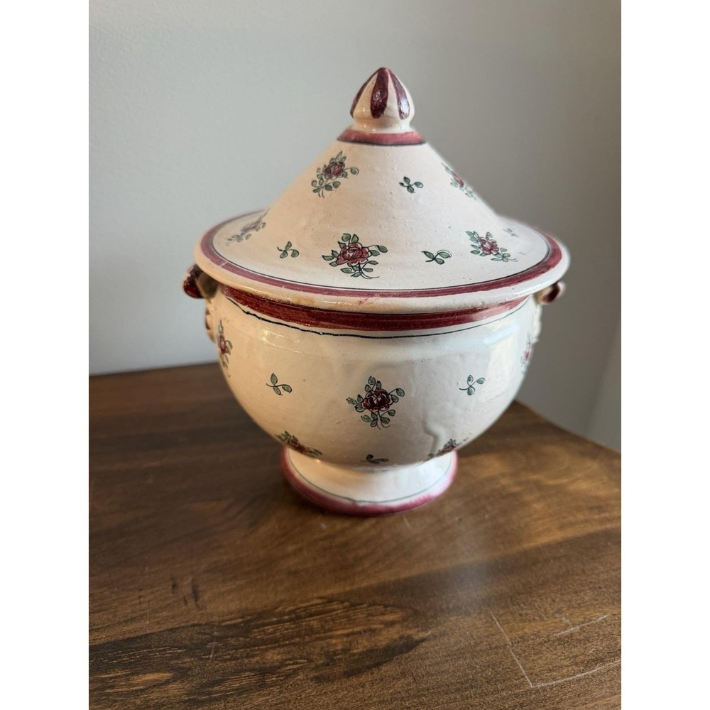 Vintage Pottery Covered Footed Bowl Hand Painted Roses Floral Red Trim W/Handles